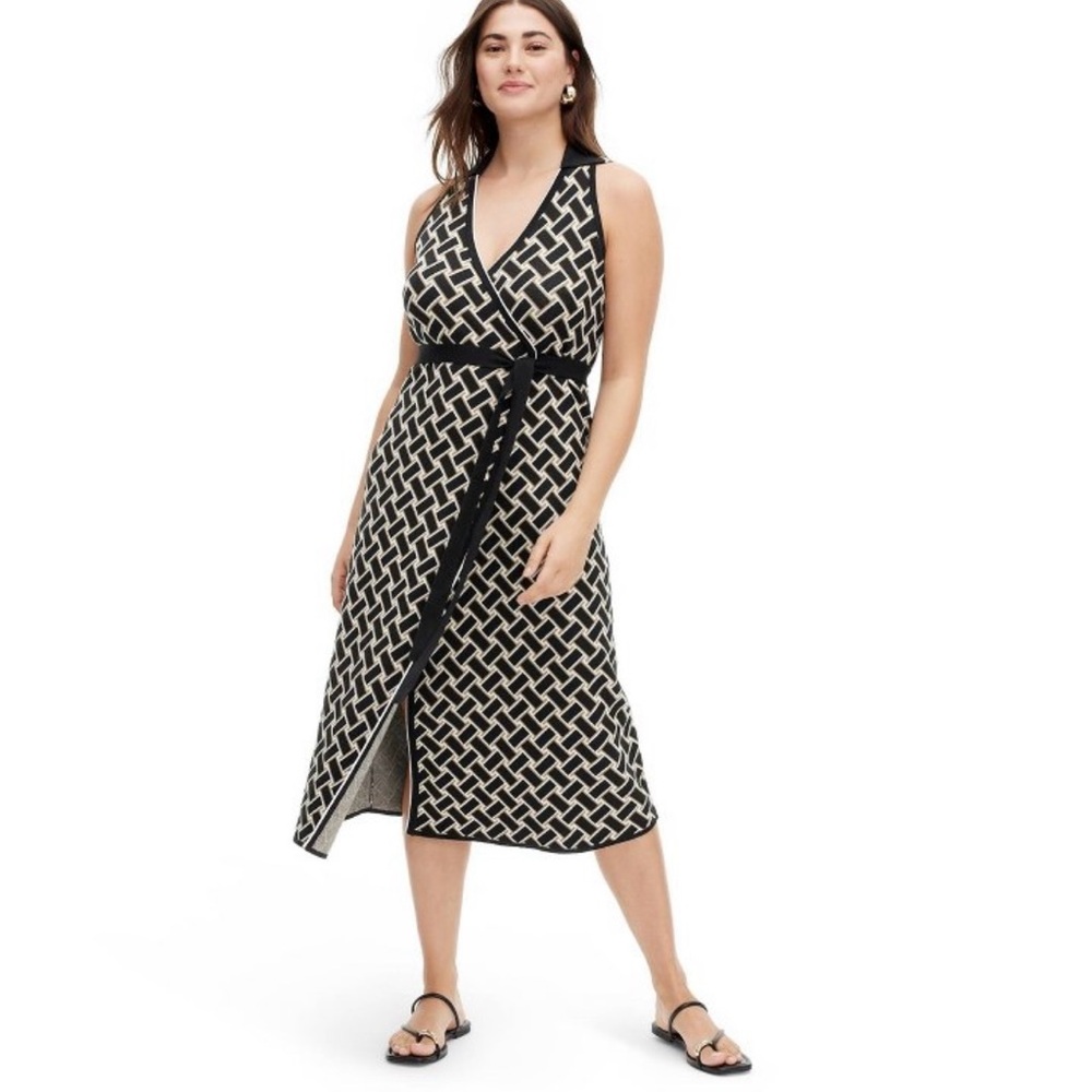 Women's Collared Sleeveless Vintage Weave Neutral Sweaterknit Midi Wrap Dress